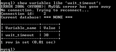 show variables like 'wait_timeout';<br /><br />Показывает значение 30